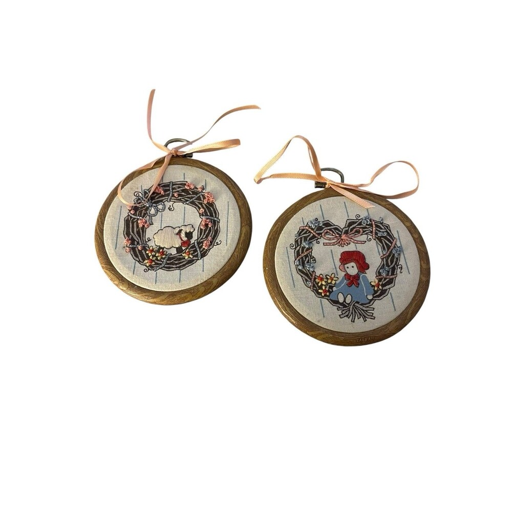 (2) Vintage Stitchables Needlepoint lamb and girl country pairs 3”